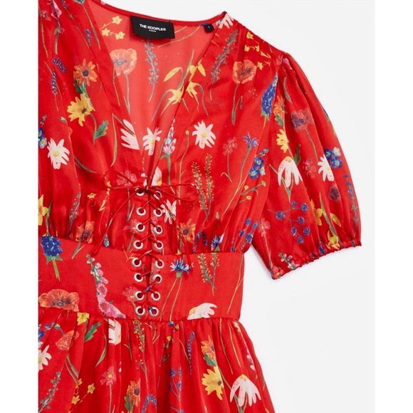 THE KOOPLES Floral Satin Puff Short Sleeve Lace Up Front Ruffle Hem Mini Dress S - Picture 10 of 12